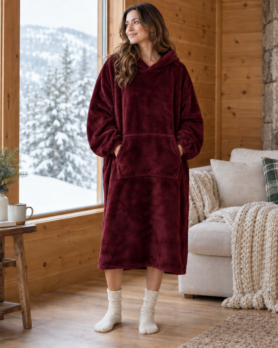 The Lodie Blanket Hoodie in Burgundy, full length