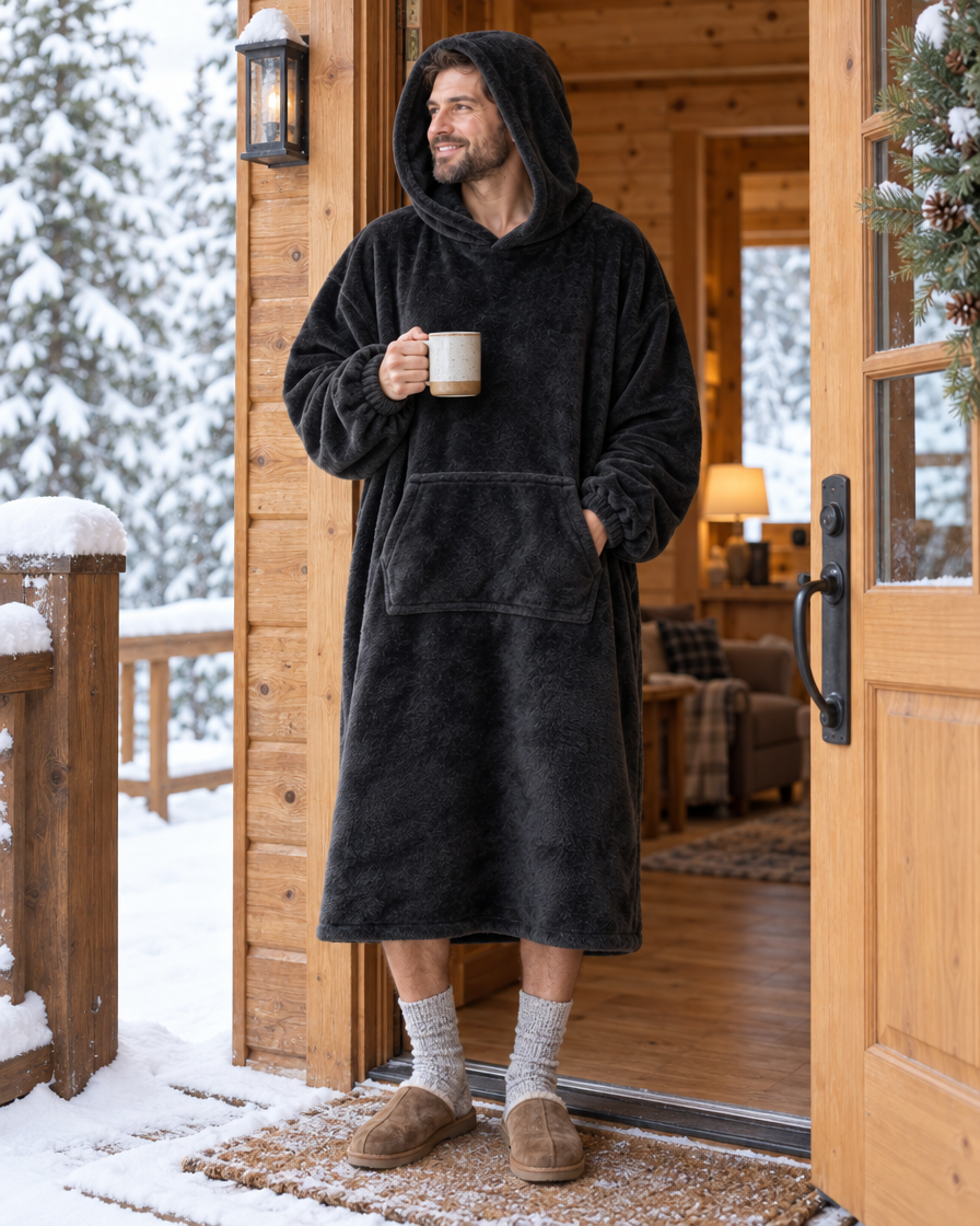 A man in a charcoal Lodie holding coffee in a snowy cabin doorway