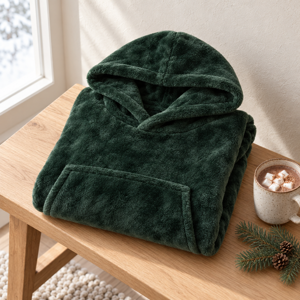 A folded forest green Lodie next to a mug of cocoa
