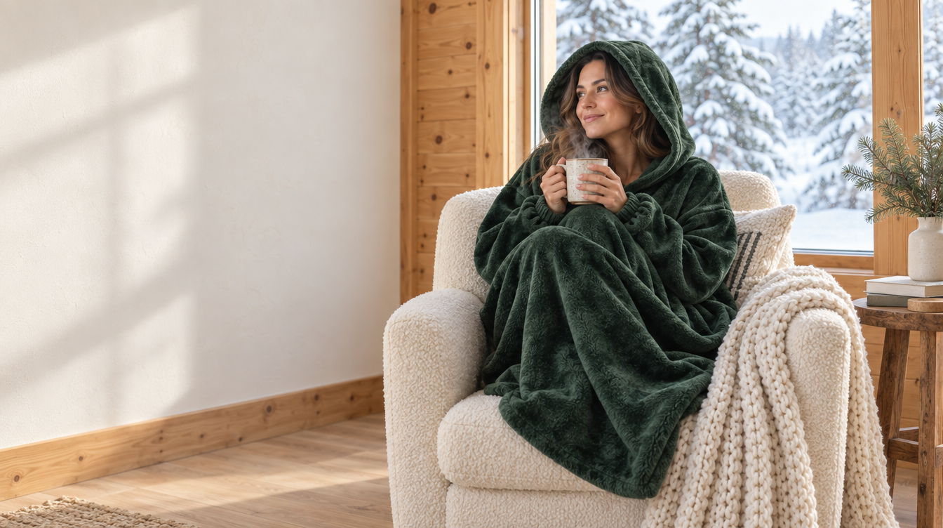A woman in a forest green Lodie reading by a snowy window