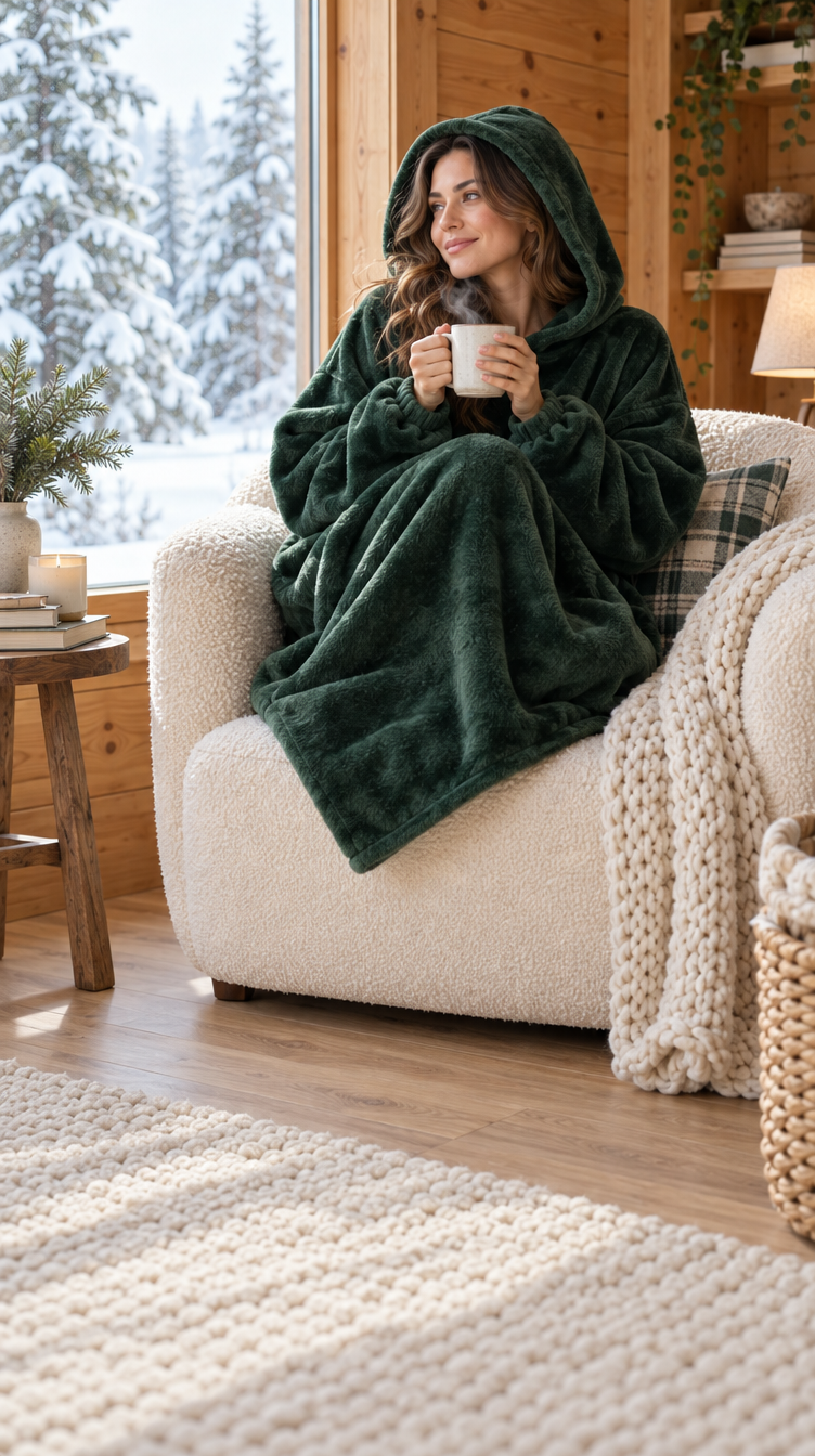 A woman curled up in an armchair by a snowy window, wearing a forest green Lodie with the hood up